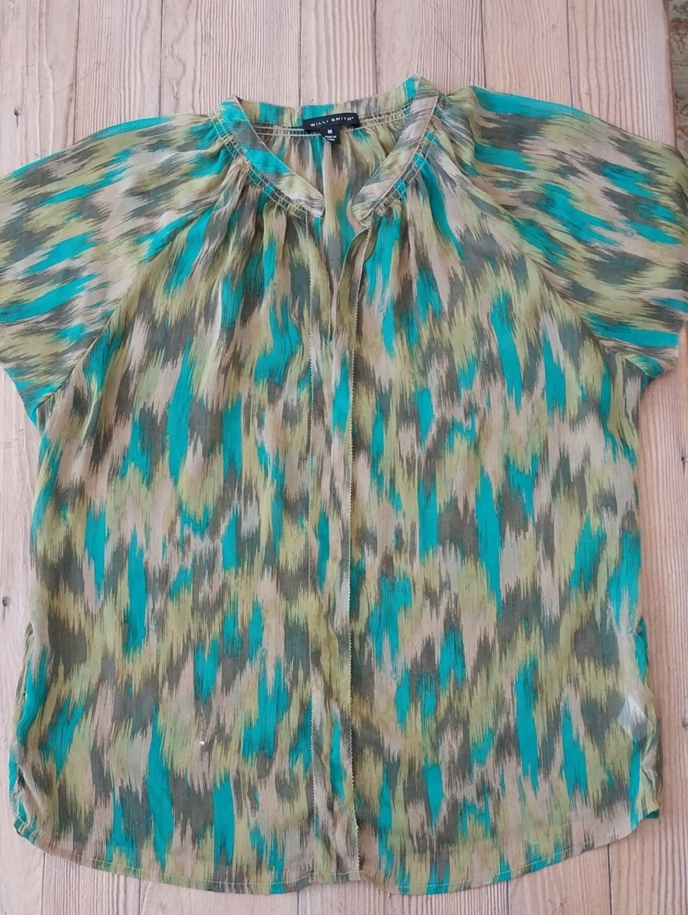 Willi Smith Teal and Olive Abstract Short-Sleeve Blouse